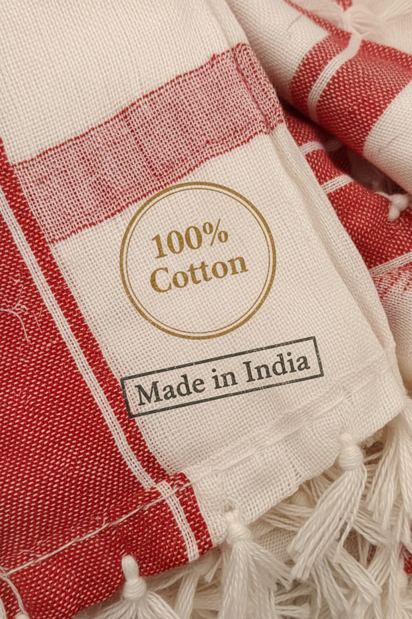 Detalle de la tela de kufiya palestina rojo y blanco, tejido 100% algodón con flecos anudados a mano, fabricada en India