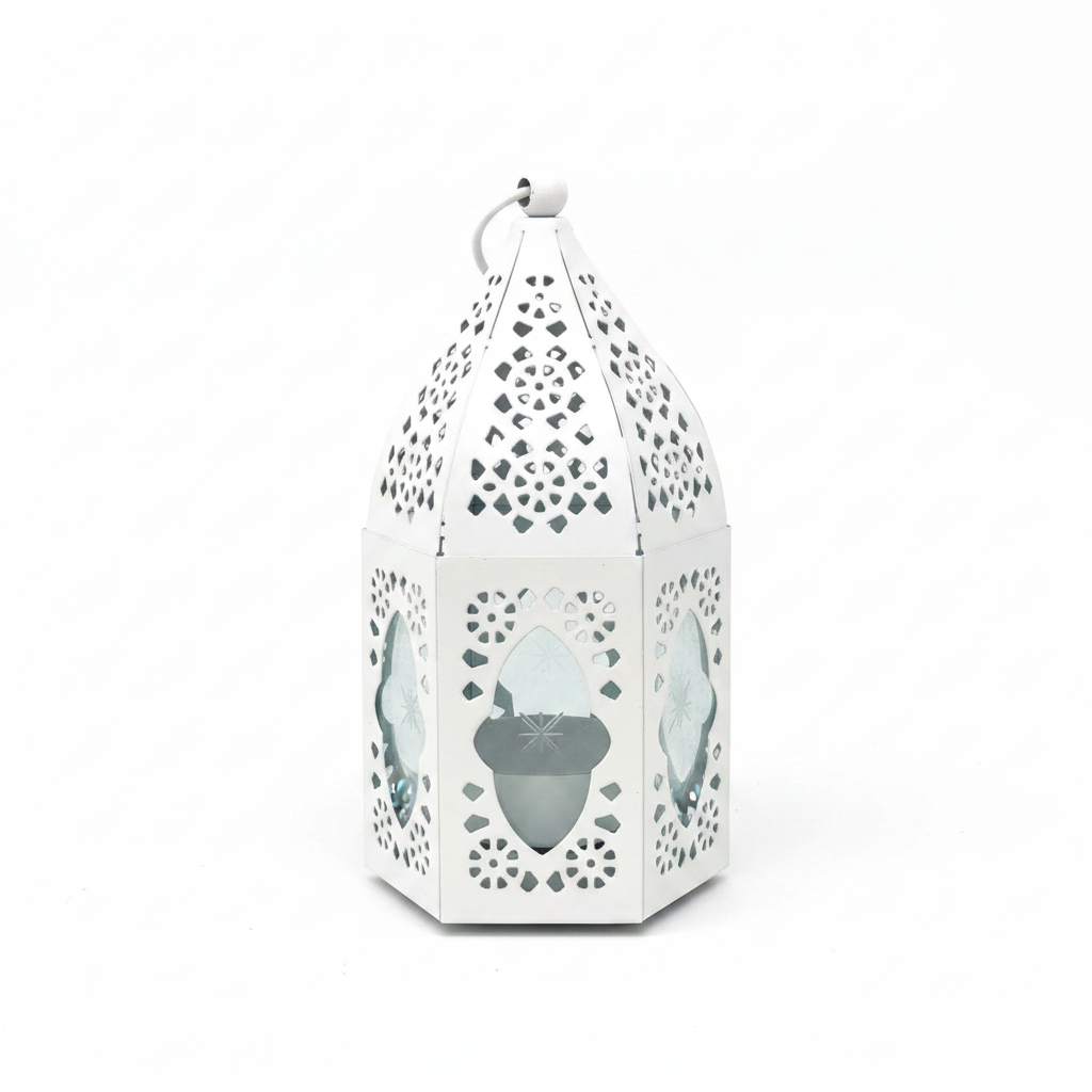 Farolillo árabe calado blanco fondo blanco, producto artesanal marroquí Modelo Kadiman