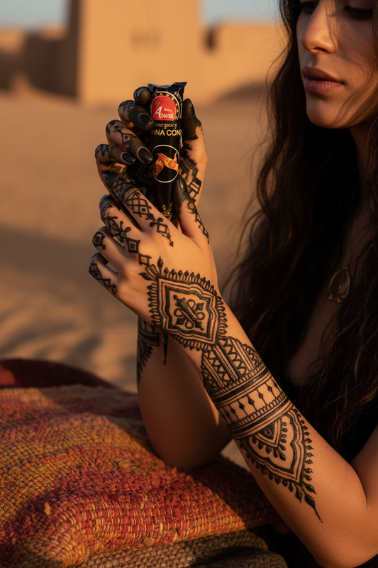 Mujer con rasgos árabes decorando sus manos con diseños tuareg de henna negra temporal usando cono Arwa – tatuaje Mehndi árabe e indio