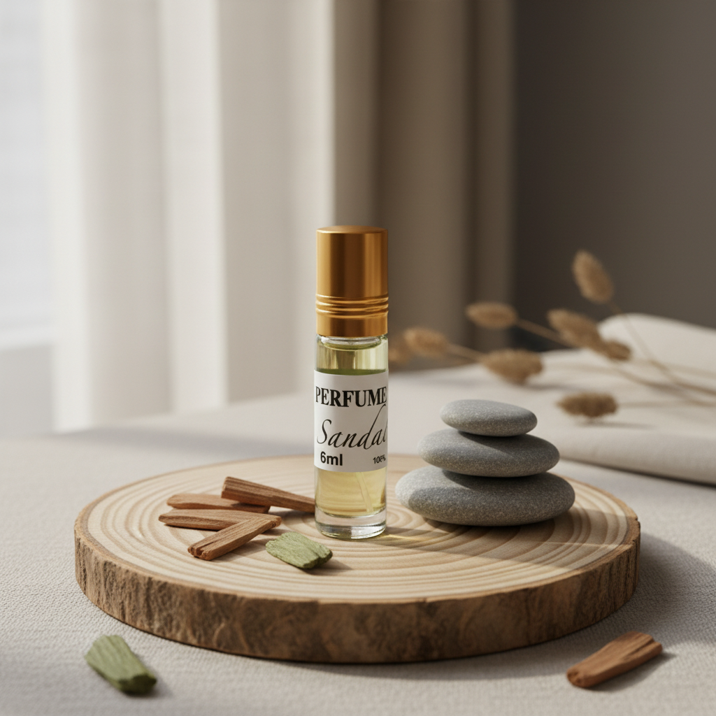 Perfume sándalo natural 6ml en ambiente lifestyle zen con madera y piedras