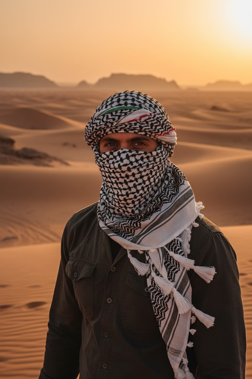 Hombre con kufiya palestina colores bandera cubriendo rostro al estilo tuareg, desierto al atardecer, símbolo de resistencia e identidad palestina