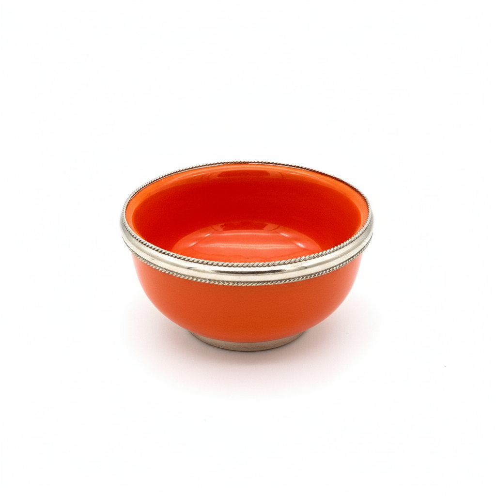 Cuenco especiero artesanal color naranja brillante con borde alpaca plateada - cerámica marroquí Kadah 8,5cm ideal para pimentón y especias