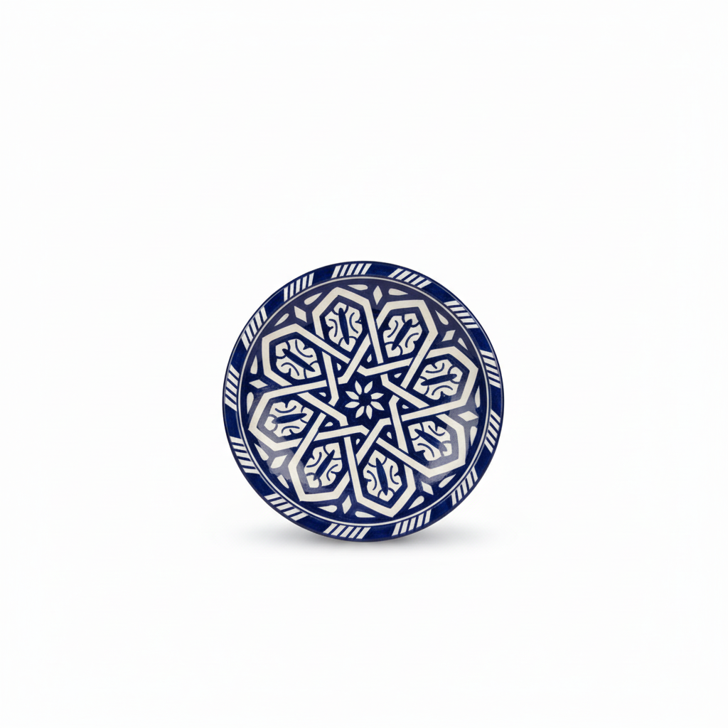 Pack 3 platos marroquíes cerámica Fez azul cobalto fondo blanco - foto producto profesional