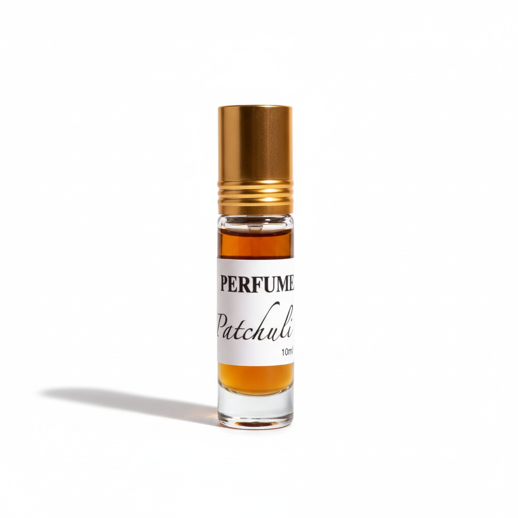 Perfume patchouli roll-on natural con tapa dorada sobre fondo blanco - aceite esencial pachuli