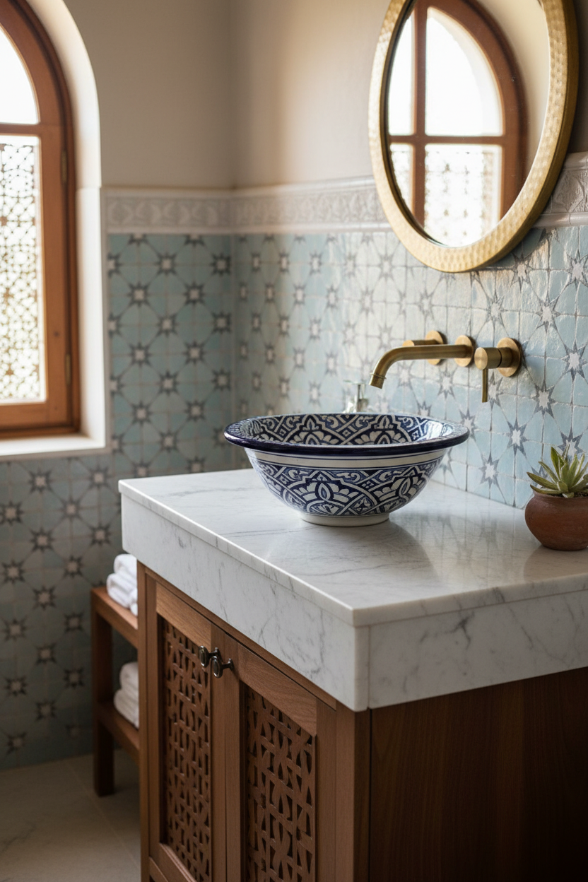 Lavabo marroquí de cerámica azul cobalto sobre encimera elevada de piedra – baño estilo marroquí premium