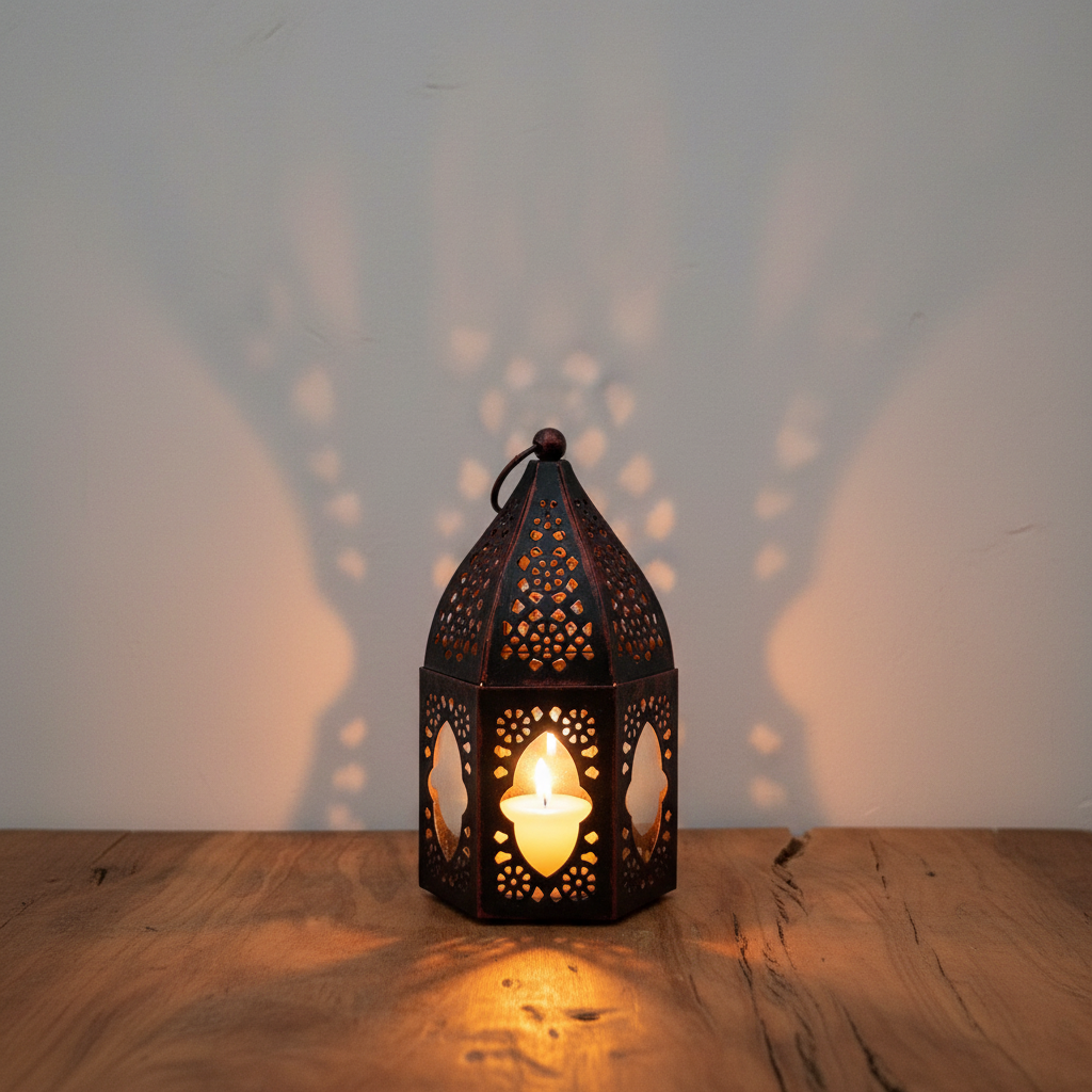 Farolillo árabe cobre envejecido lifestyle, vela encendida, decoración ambiente andalusí Modelo Kadiman