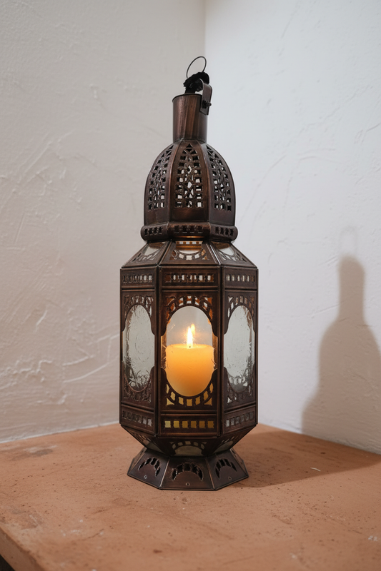Farol marroquí de cristal con vela encendida en interior andalusí
