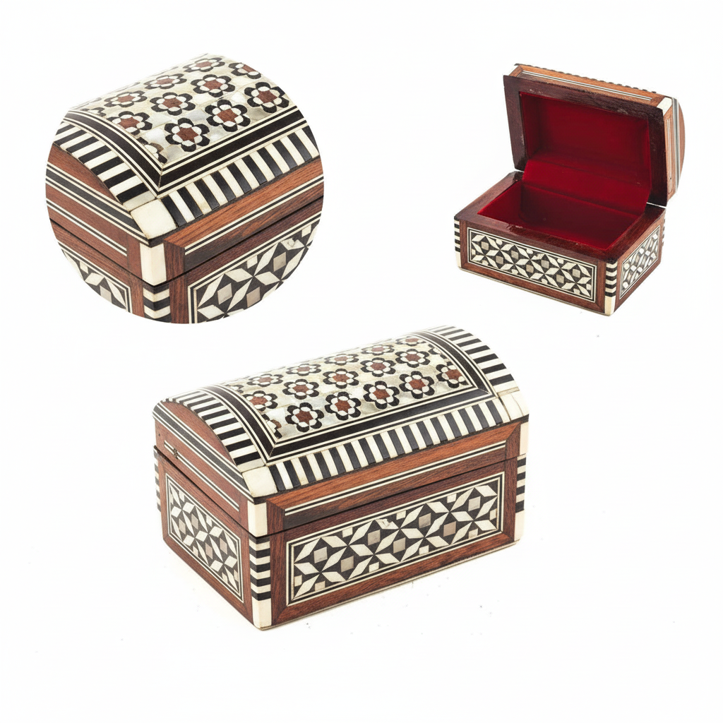 Baulcito nacar blanco con taracea egipcia sobre fondo blanco - joyero artesanal 6x6x9cm terciopelo rojo