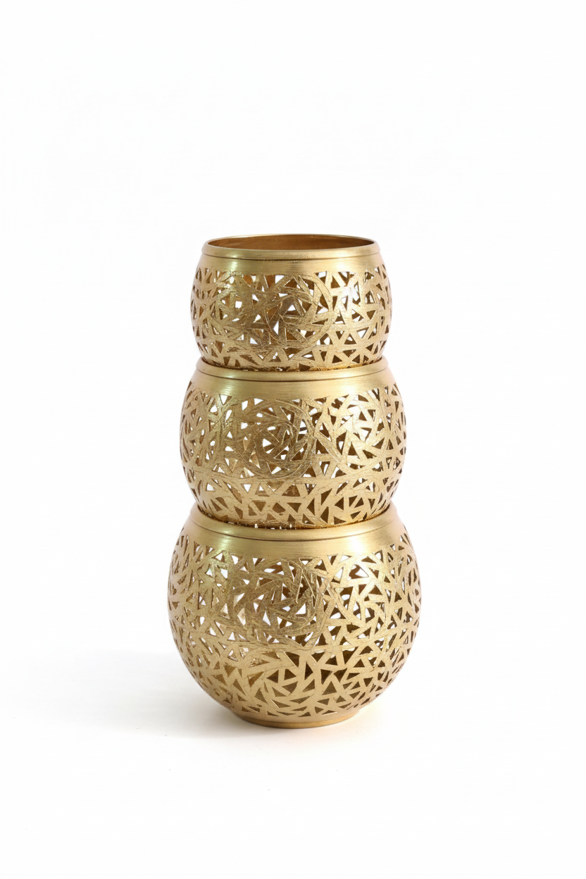 Set de 3 portavelas de latón calado marroquí color dorado apilados - Tallados a mano con diseños geométricos islámicos