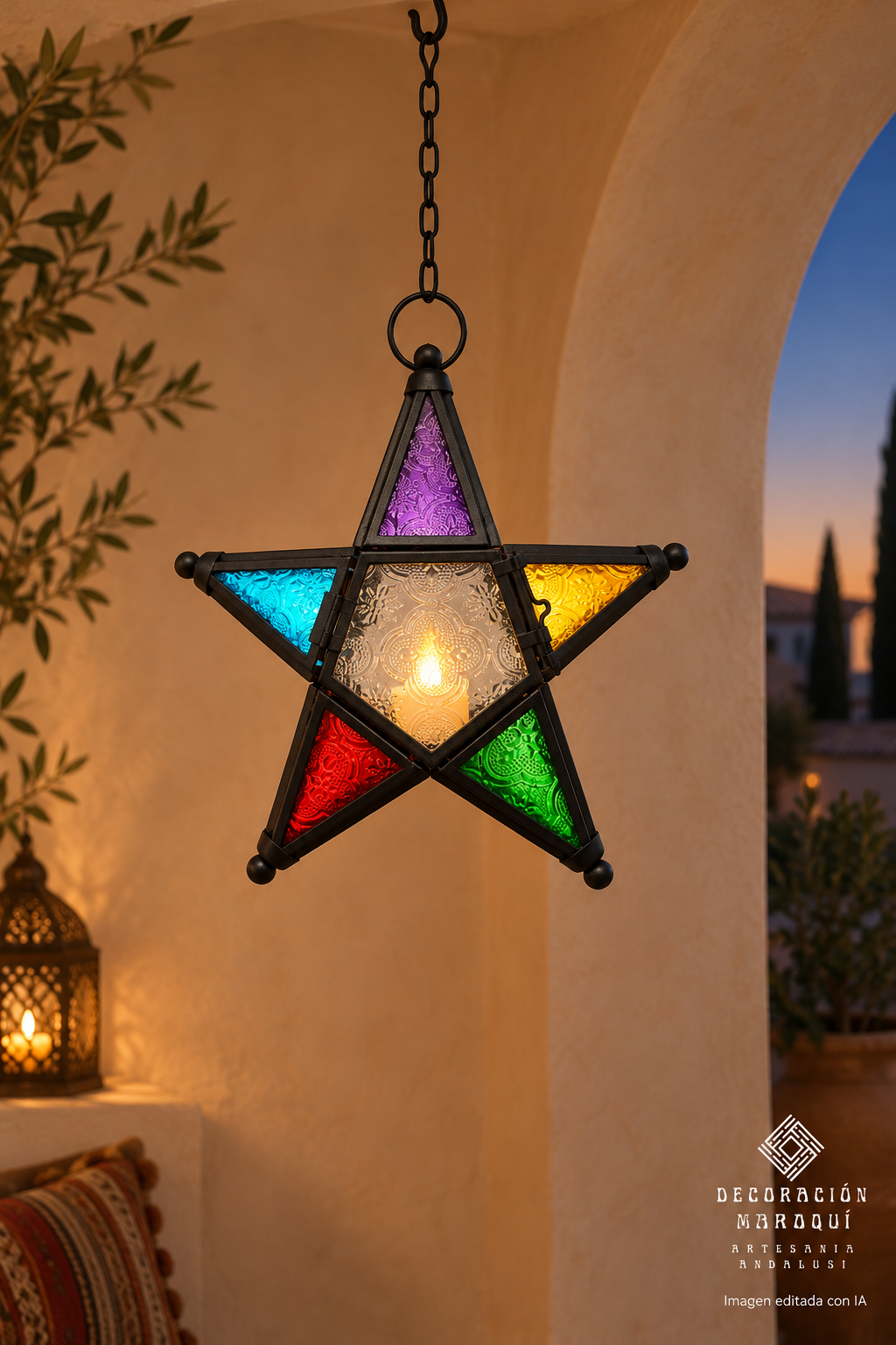 Portavelas estrella multicolor Najmati colgado con vela LED encendida en ambiente andalusí