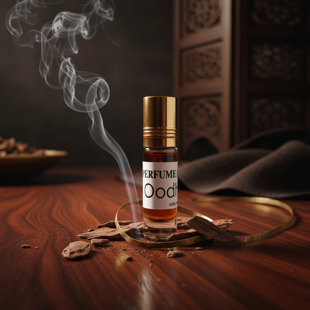 Perfume oud natural 6ml en ambiente lifestyle lujoso con madera de agar y detalles dorados