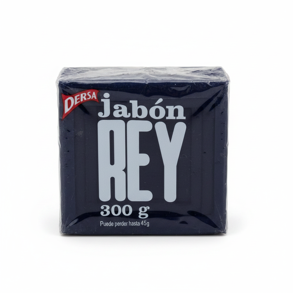Jabón Rey Dersa 300g – barra azul oscuro con letras blancas REY, fondo blanco