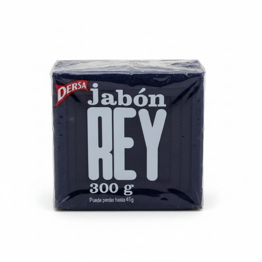Jabón Rey Dersa 300g – barra azul oscuro con letras blancas REY, fondo blanco