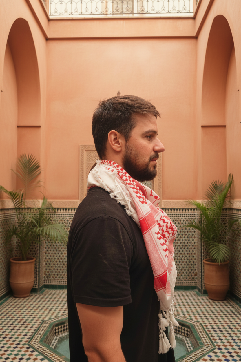 Hombre con kufiya palestina rojo y blanco en patio de riad marroquí, keffiyeh algodón 120x120 cm estilo lifestyle
