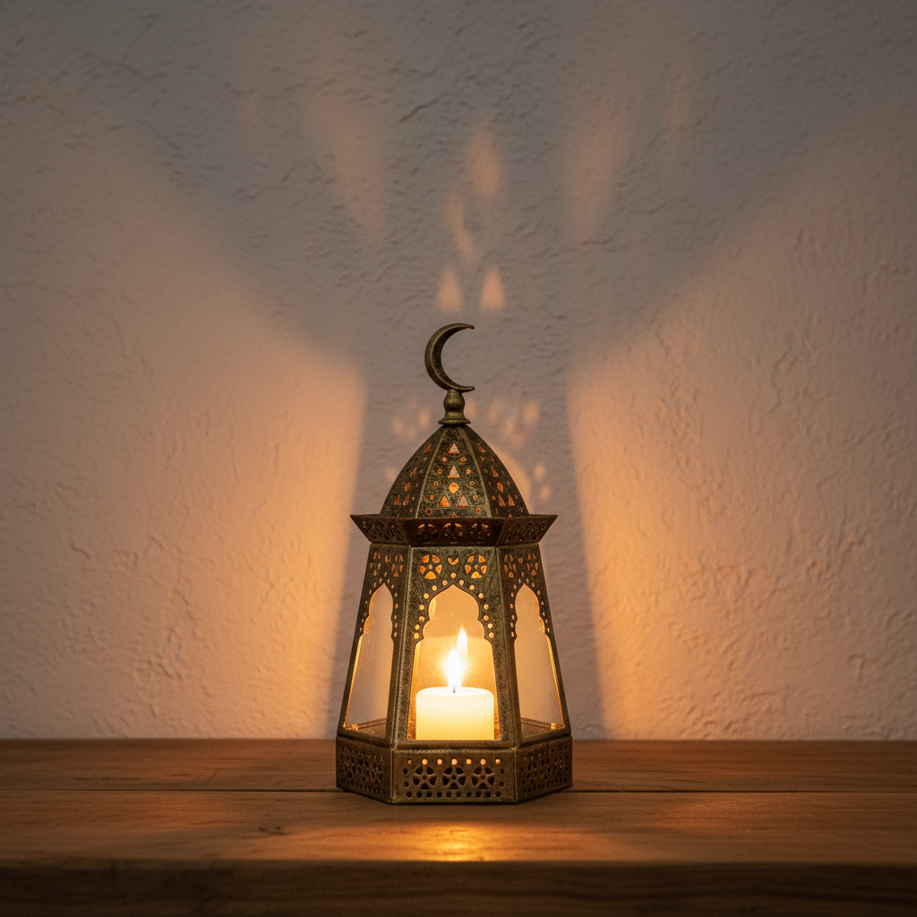 Farolillo árabe dorado envejecido lifestyle, vela encendida, decoración Ramadán ambiente andalusí