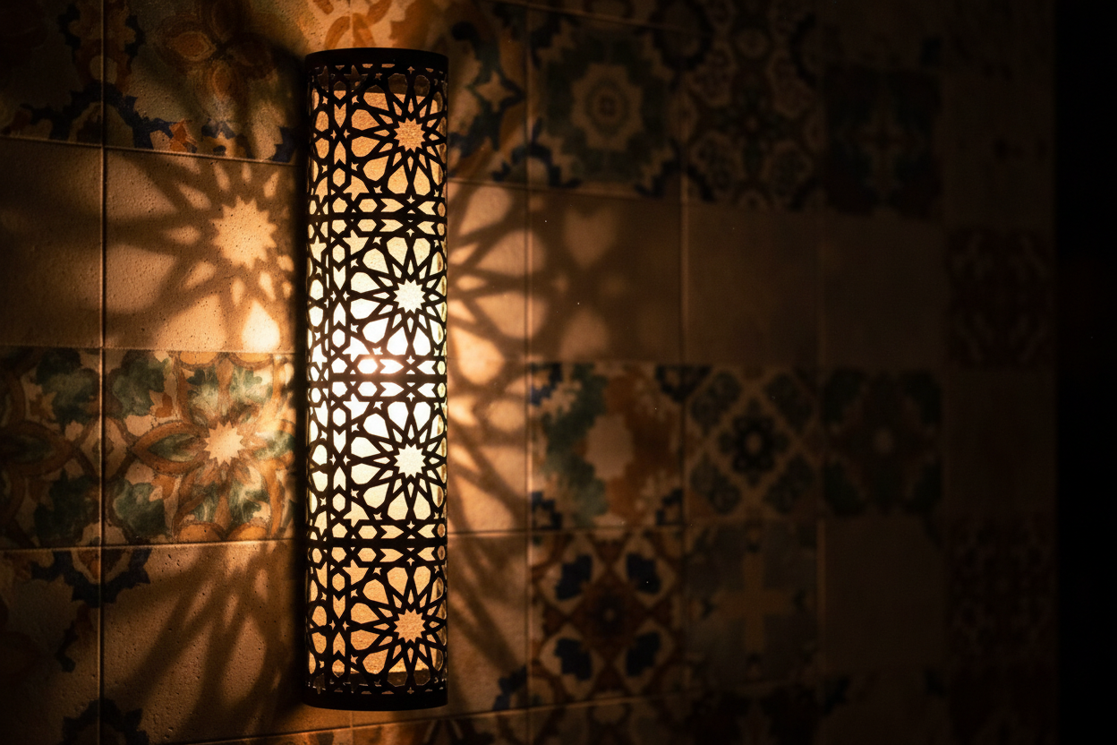 Aplique hierro calado Najma Sauda encendido noche - sombras geométricas iluminación