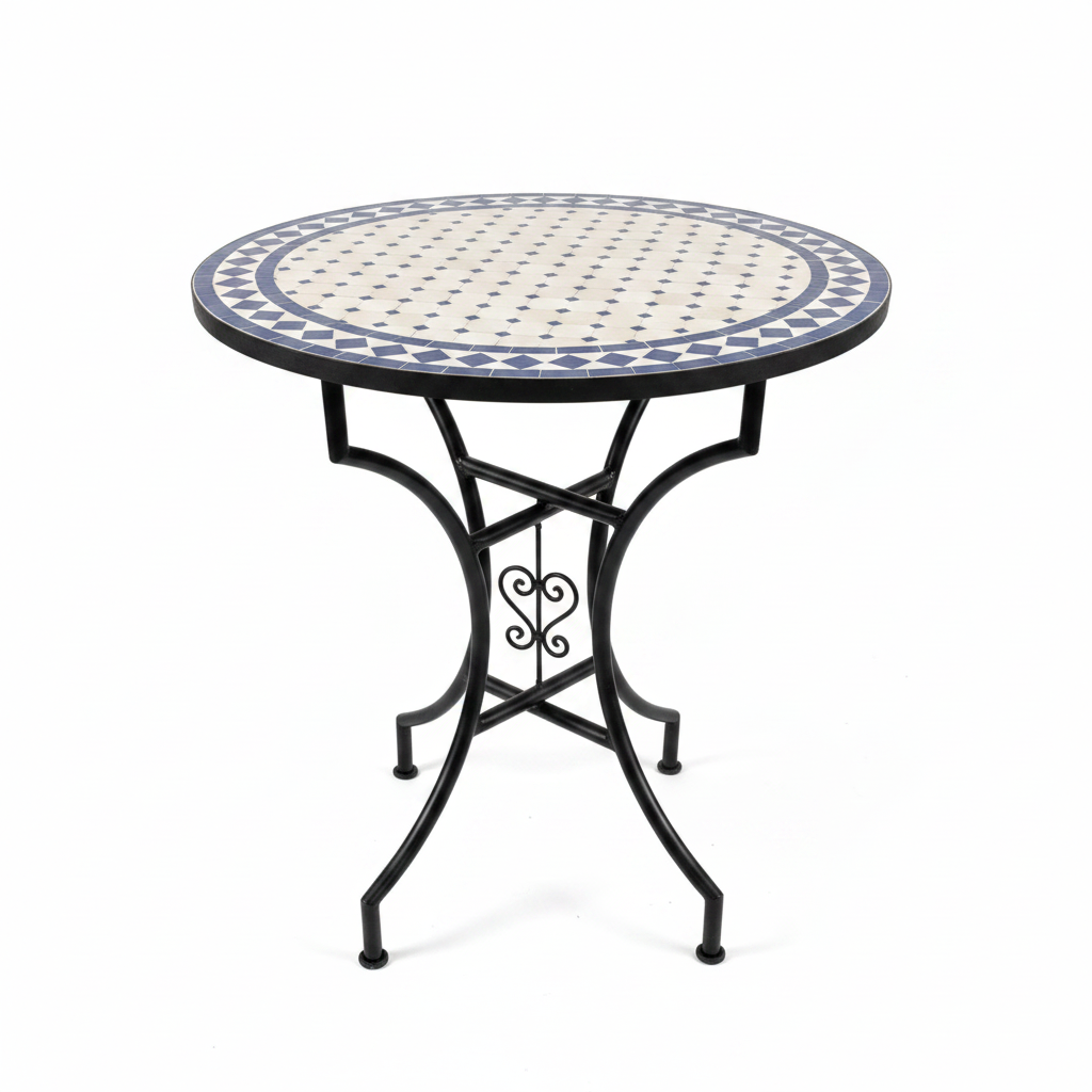 Mesa de mosaico marroquí zellige azul cobalto sobre fondo blanco, fotografía de producto profesional