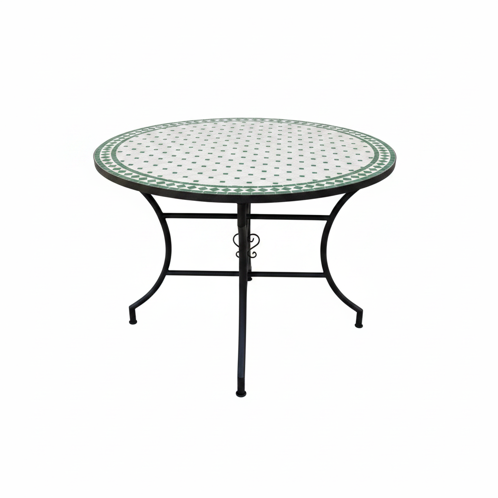 Mesa de mosaico marroquí zellige verde sobre fondo blanco, fotografía de producto profesional