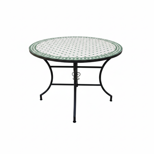 Mesa de mosaico marroquí zellige verde sobre fondo blanco, fotografía de producto profesional