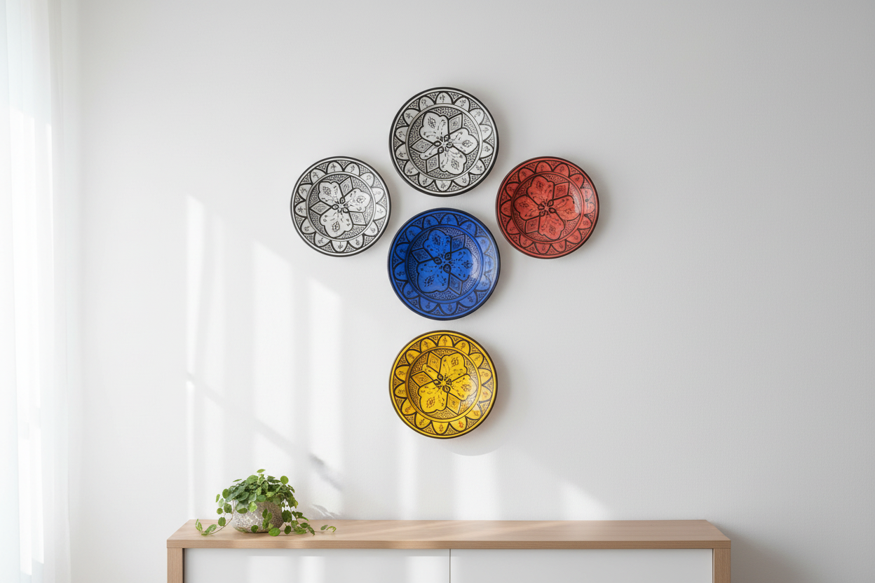 Composición decorativa platos cerámica Asfi colores surtidos en pared blanca - decoración andalusí estilo marroquí hogar