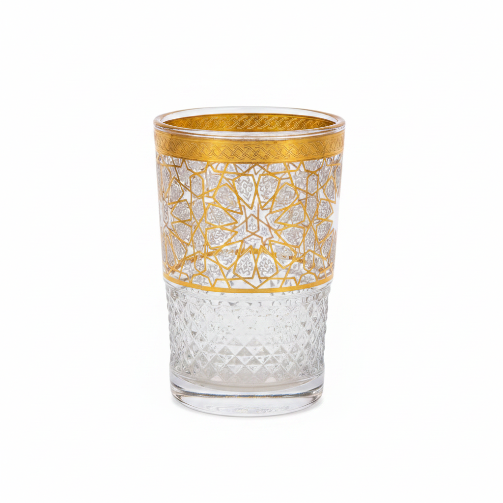 Vaso de té marroquí artesanal de 120 ml con grabado geométrico dorado sobre fondo blanco