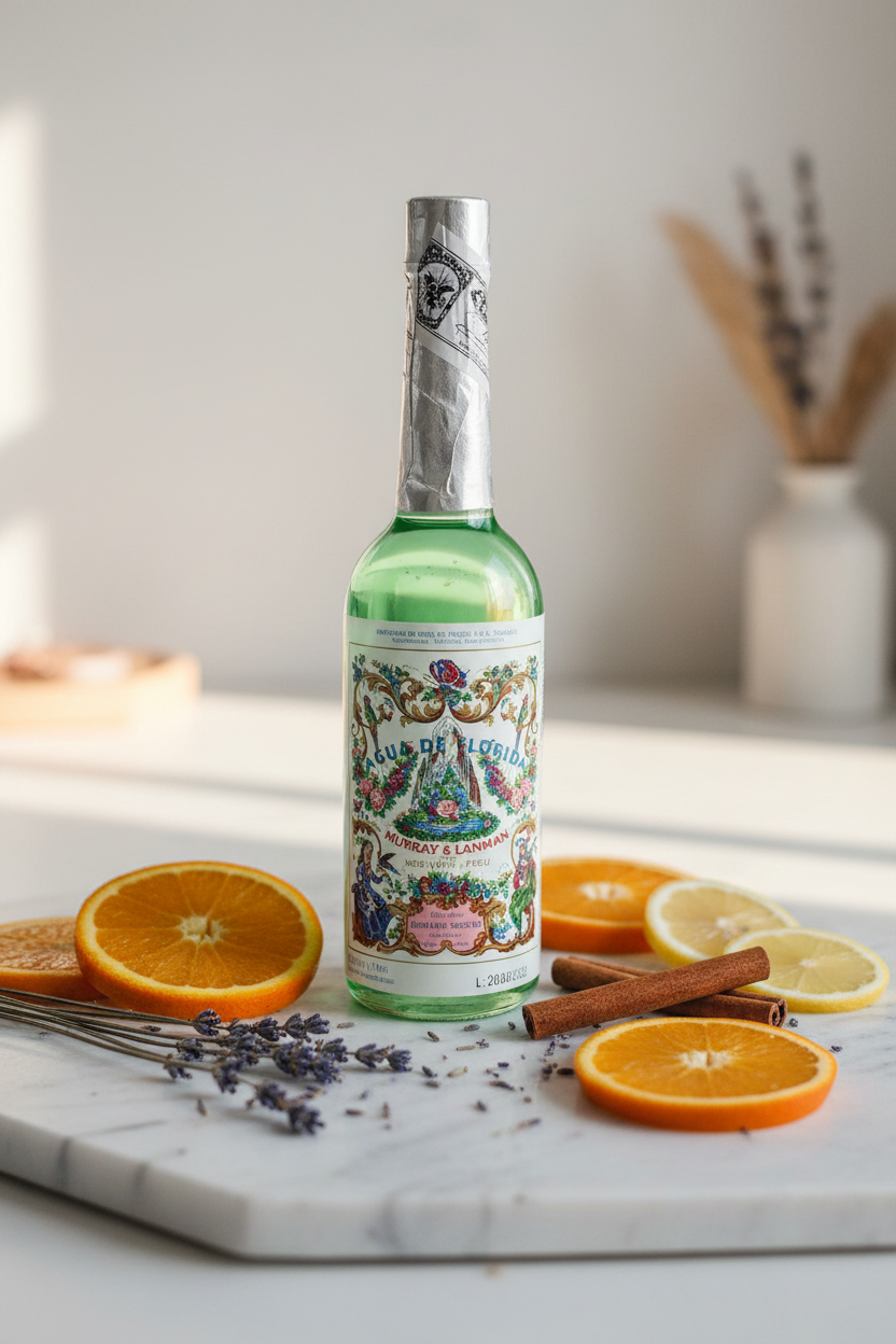 Agua de Florida Murray & Lanman sobre mármol con cítricos, lavanda y canela – lifestyle andalusí