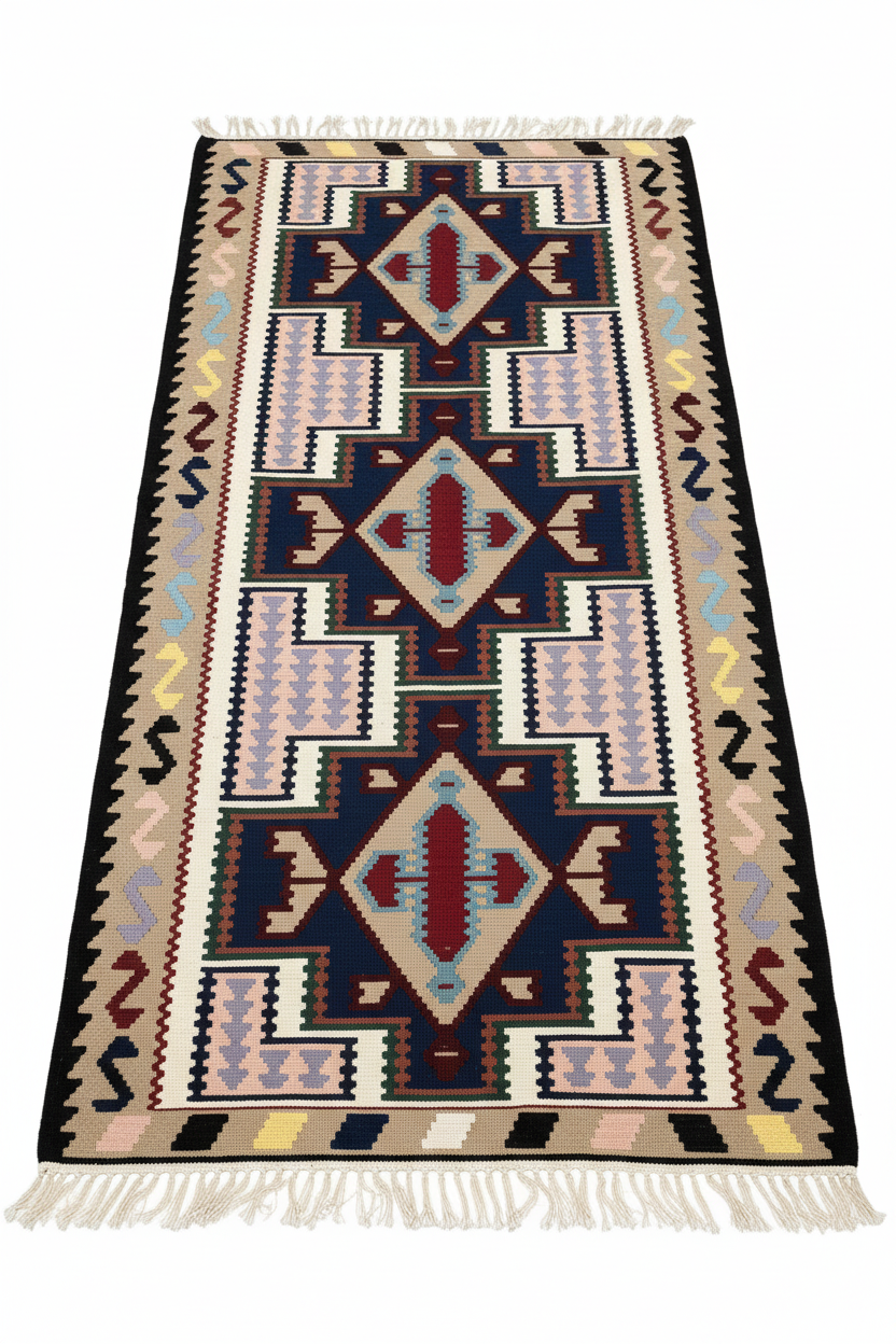 Alfombra Kilim Persa Artesanal Tejida a Mano | 185 × 100 cm | Doble Cara | Motivos Geométricos Tribales