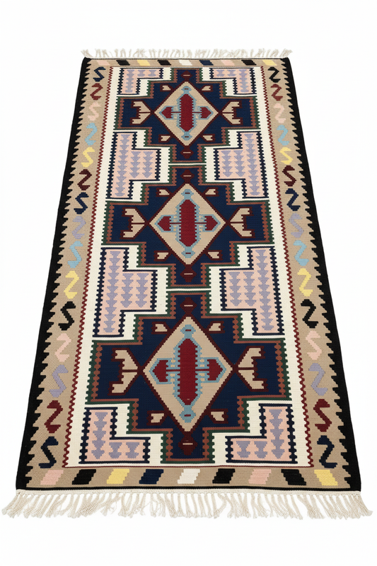 Alfombra Kilim Persa Artesanal Tejida a Mano | 185 × 100 cm | Doble Cara | Motivos Geométricos Tribales