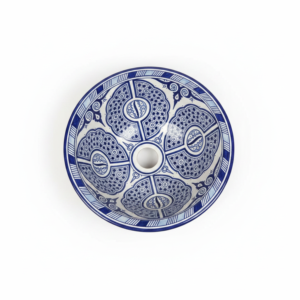 Lavabo artesanal marroquí de cerámica azul cobalto y blanco con diseños geométricos pintados a mano en Fez – fondo blanco