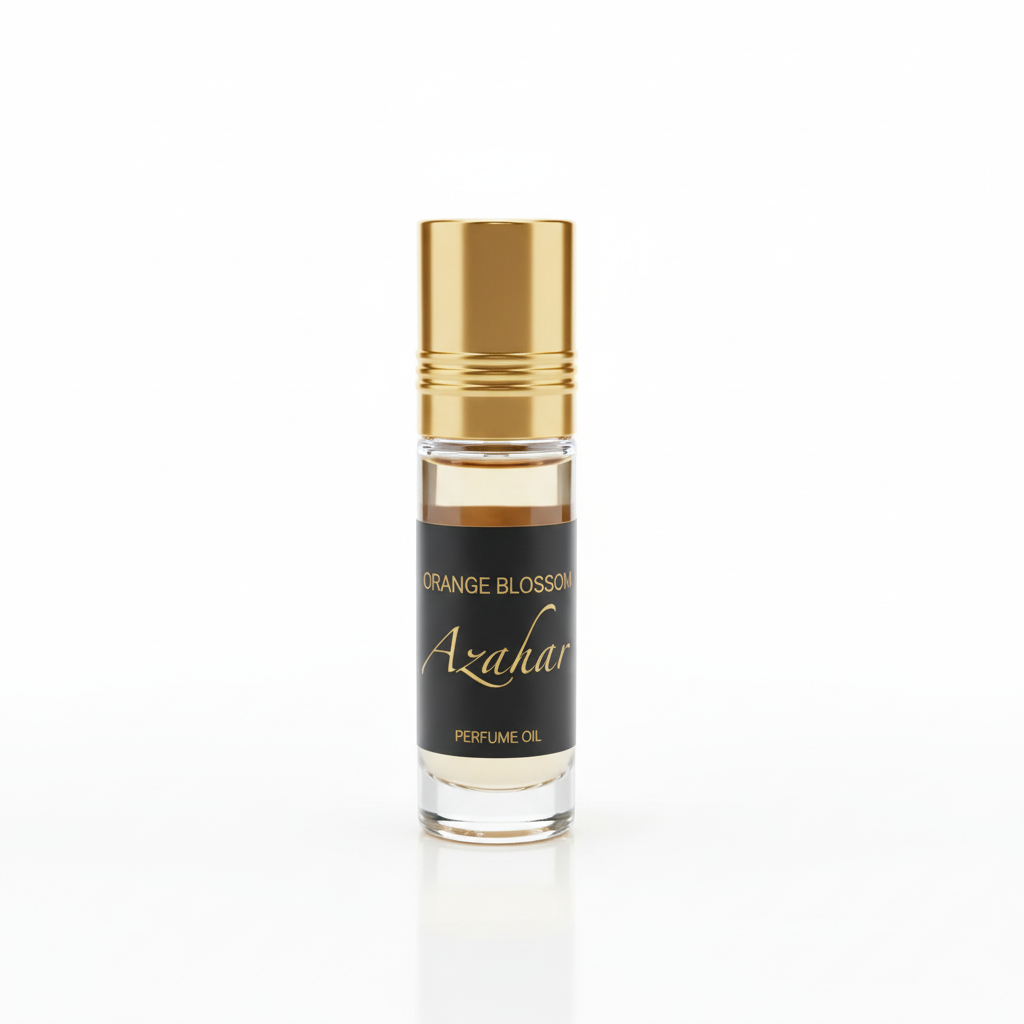 Perfume azahar roll-on natural 6ml con tapa dorada sobre fondo blanco - aceite esencial flor de naranjo
