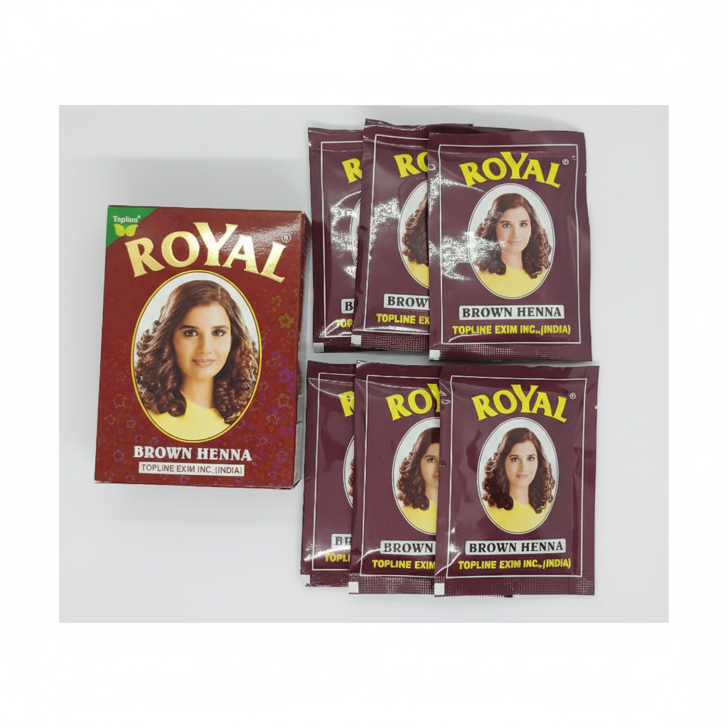 Henna Royal Marrón para teñir pelo - Caja 6 sobres de 10g - Tinte natural castaño cálido con reflejos dorados