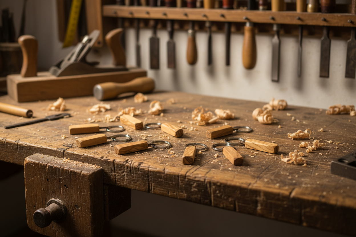 Llaveros madera de olivo artesanales en taller de carpintería - ambiente artesanal auténtico