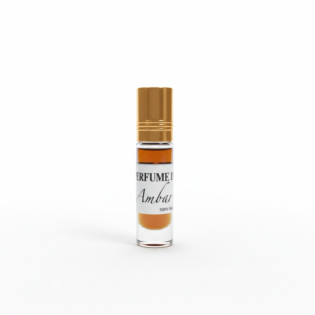 Perfume ámbar roll-on natural 6ml con tapa dorada sobre fondo blanco - aceite esencial amber