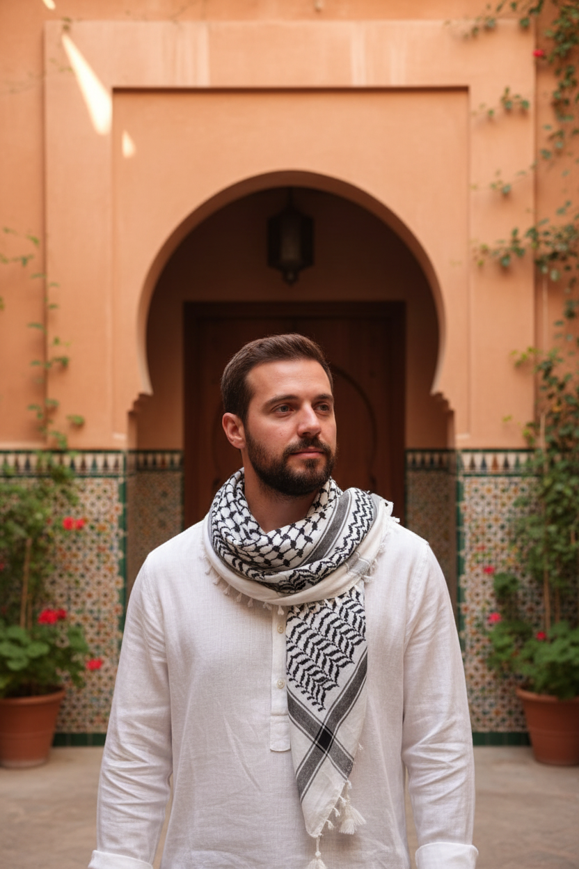 Kufiya palestina keffiyeh de algodón natural con patrón clásico blanco y negro, estilo lifestyle en entorno andalusí