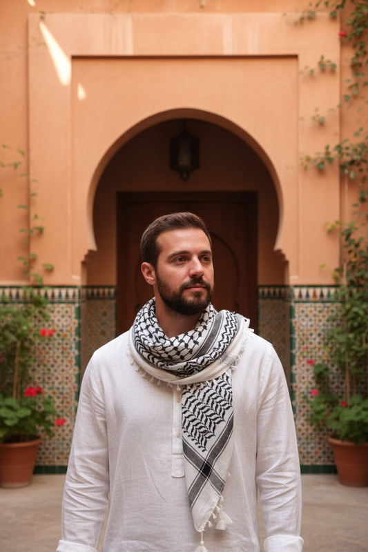 Kufiya palestina keffiyeh de algodón natural con patrón clásico blanco y negro, estilo lifestyle en entorno andalusí