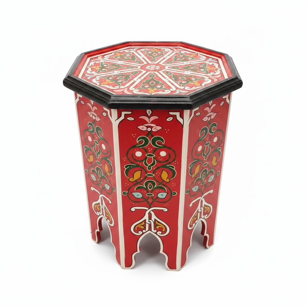 Mesa auxiliar octogonal marroquí roja arabescos blancos fondo blanco decoración árabe