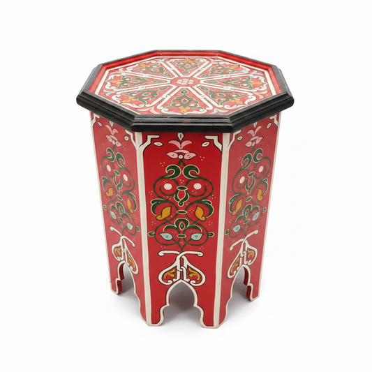 Mesa auxiliar octogonal marroquí roja arabescos blancos fondo blanco decoración árabe