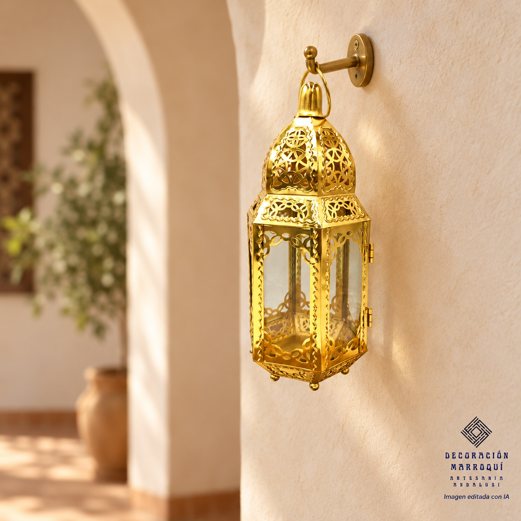 Farol dorado Destello colgado en un interior de inspiración andalusí