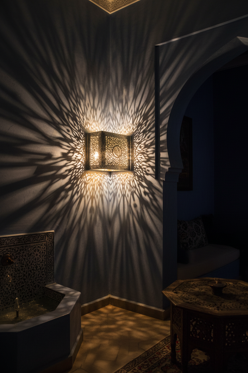 Plafón marroquí Aqhawan plateado encendido proyectando mosaicos de luz y sombras geométricas en ambiente riad