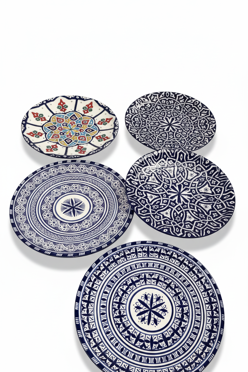 Platos marroquíes azul cobalto cerámica Fez fondo blanco - foto producto profesional