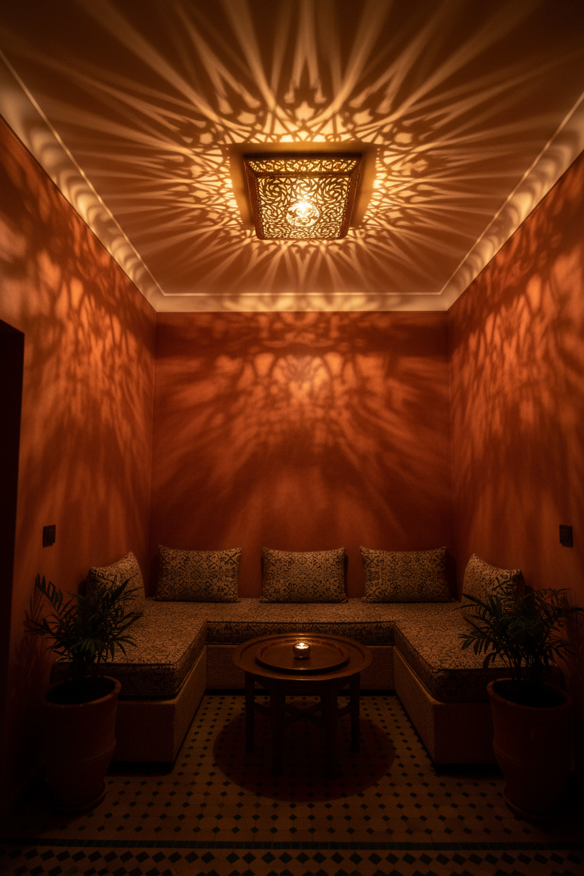 Plafón marroquí Aqhawan encendido proyectando mosaicos de luz y sombras geométricas en ambiente riad