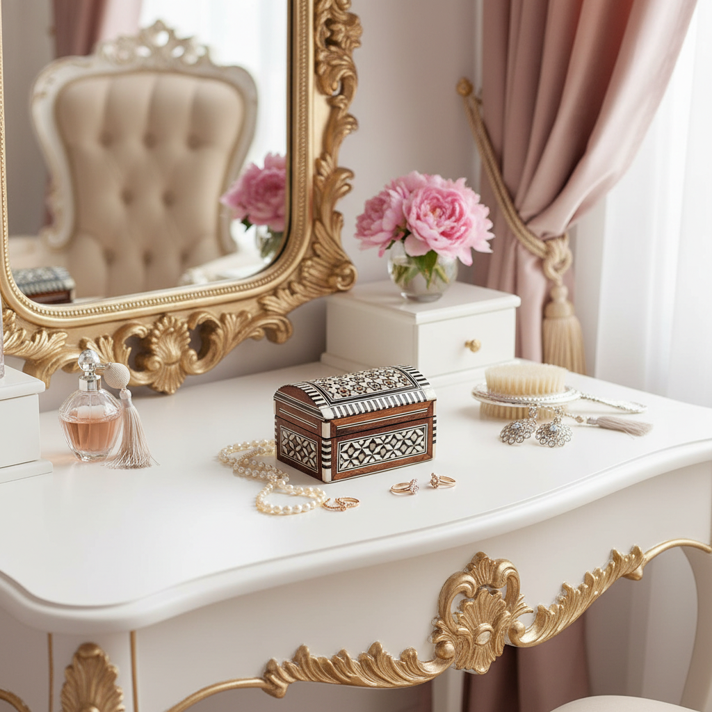 Baulcito nacar egipcio en tocador elegante - joyero taracea artesanal con terciopelo