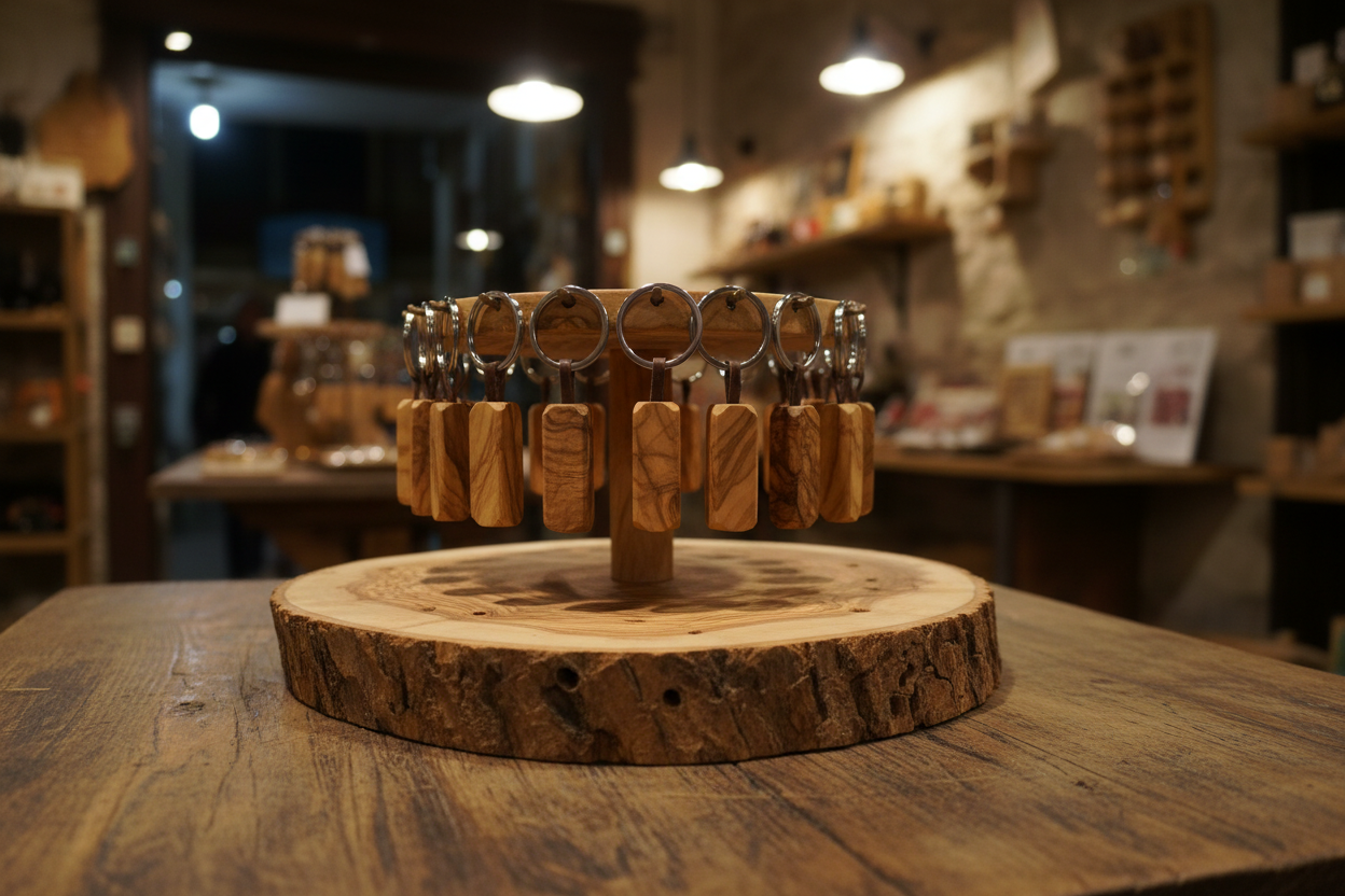 Llaveros olivo en expositor rodaja de olivo - tienda artesanal estilo mediterráneo