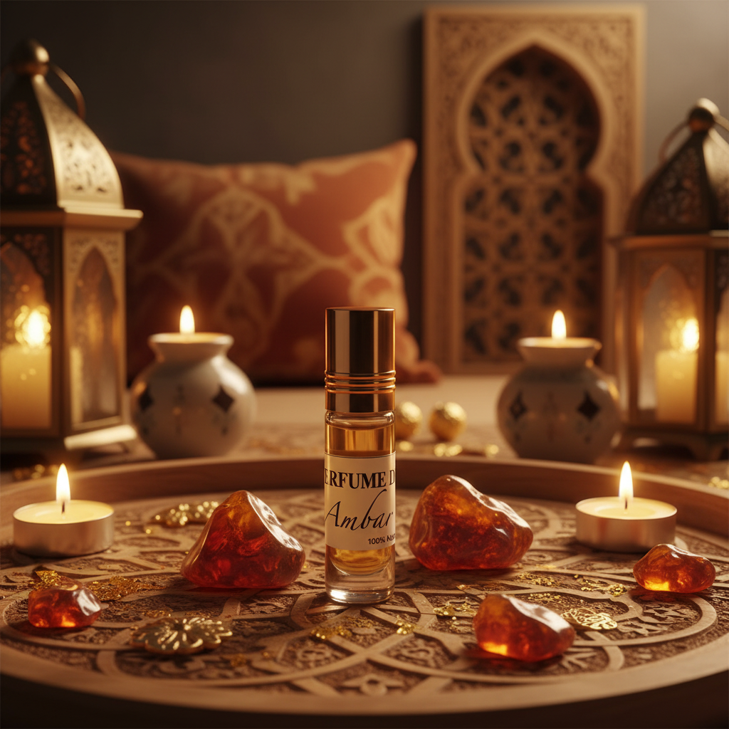 Perfume ámbar natural 6ml en ambiente lifestyle con decoración marroquí y piedras de ámbar