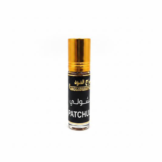 Perfume Patchouli Abraj Al-Oud fondo blanco estudio - fragancia árabe terrosa roll-on 6ml
