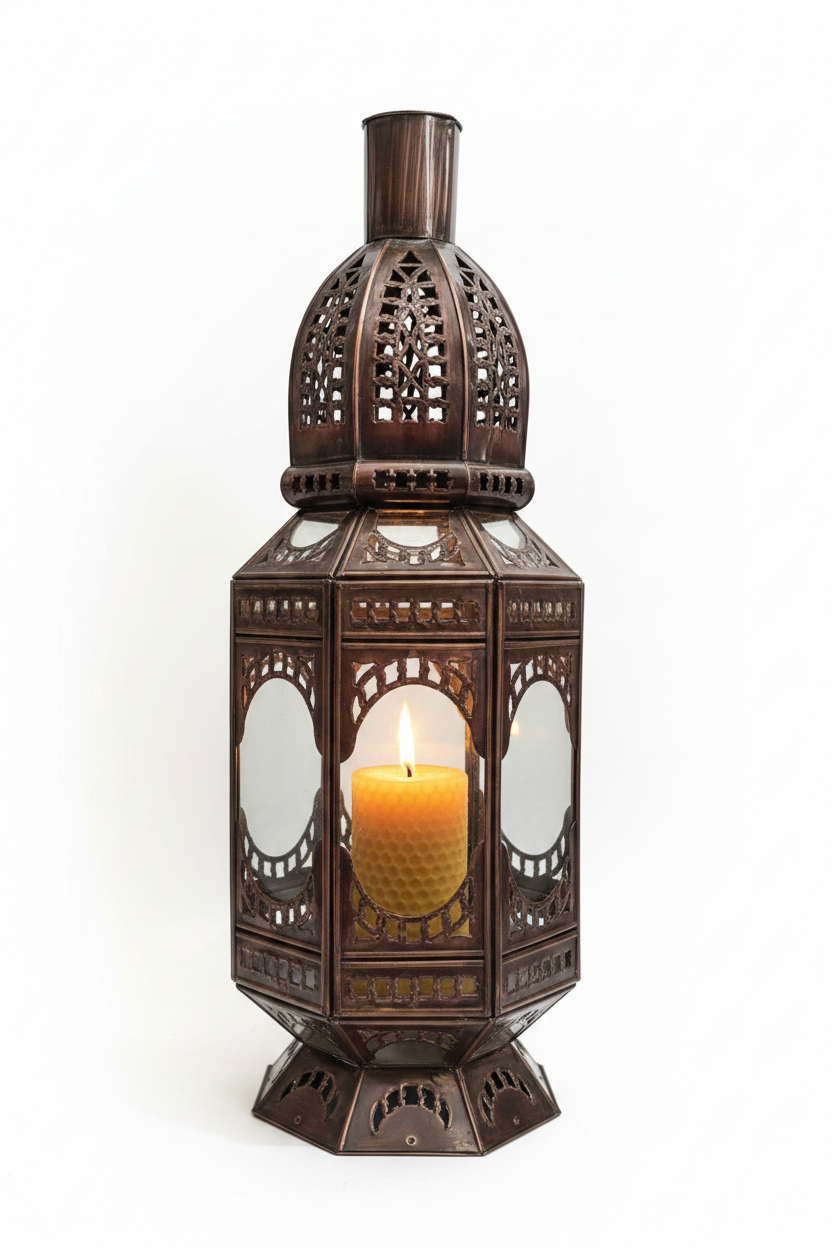 Farol marroquí de cristal para vela con fondo blanco – vista producto