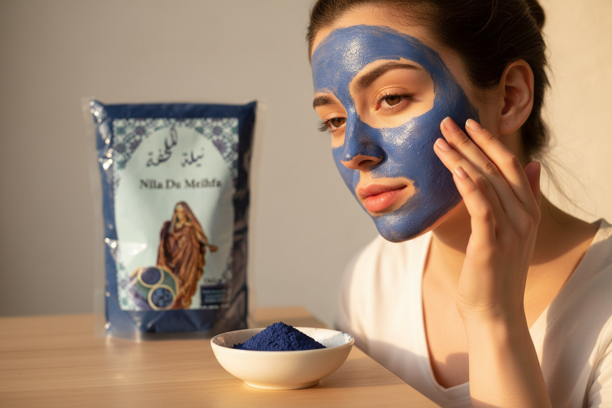 Mujer aplicando mascarilla de nila azul - ritual de belleza marroquí