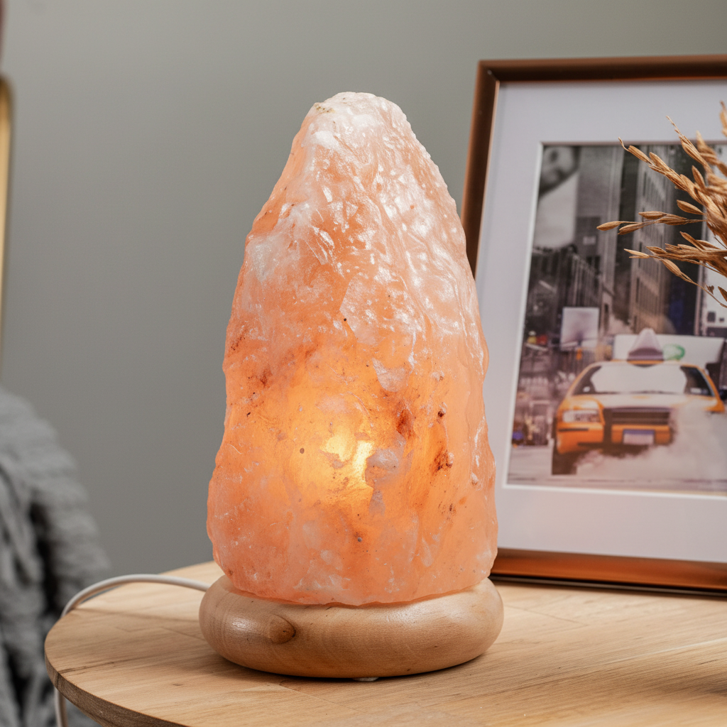 Detalle cristales naturales lámpara sal Himalaya con luz cálida ambiente