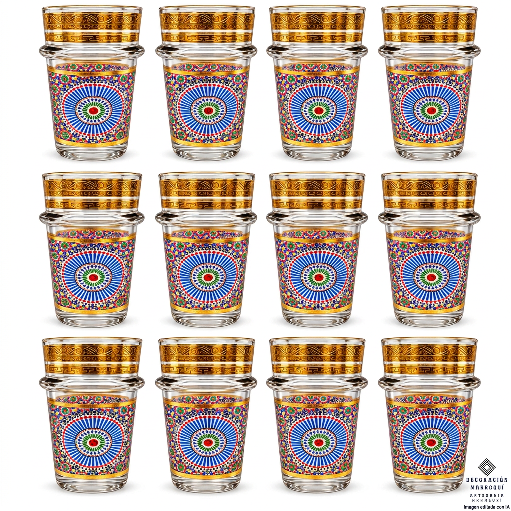 Pack de 12 vasos de té de 100 ml con mosaico multicolor y cenefas doradas sobre fondo blanco