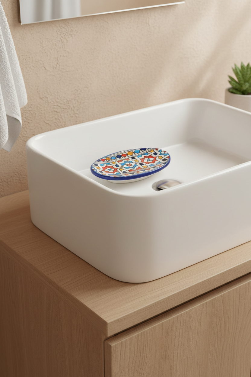 Jabonera marroquí de cerámica pintada a mano con diseño colorido en un baño de estilo andalusí